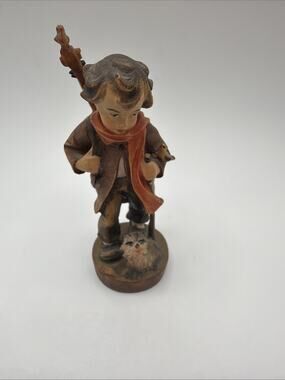 Hansu & Adolf Heinzeller German Wooden Sculpture Boy W/ Cello & Cat Figurine